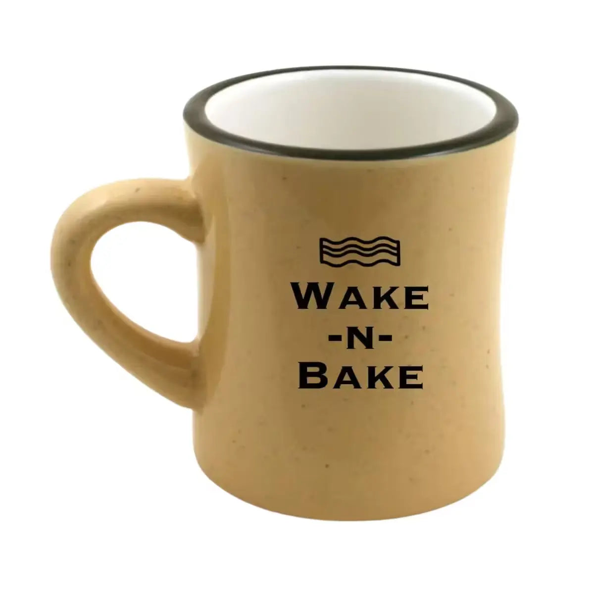 Beige ceramic mug with "Wake-N-Bake" text in black & a wavy line design above it