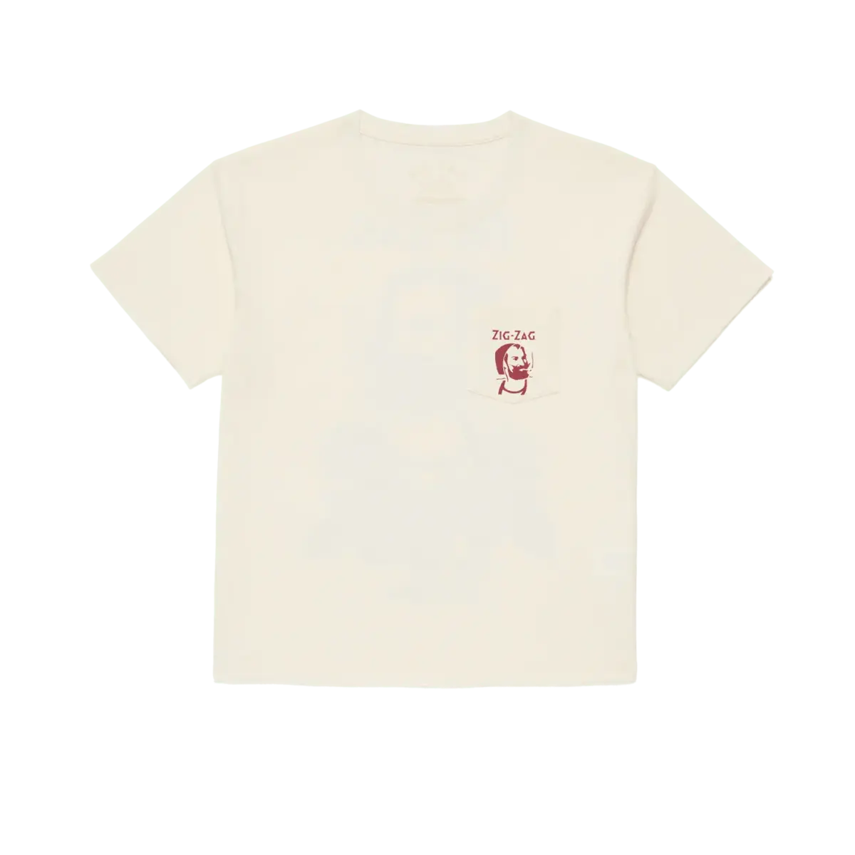 Woman's cream-colored t-shirt featuring a small red Zig-Zag logo & illustration on the front pocket