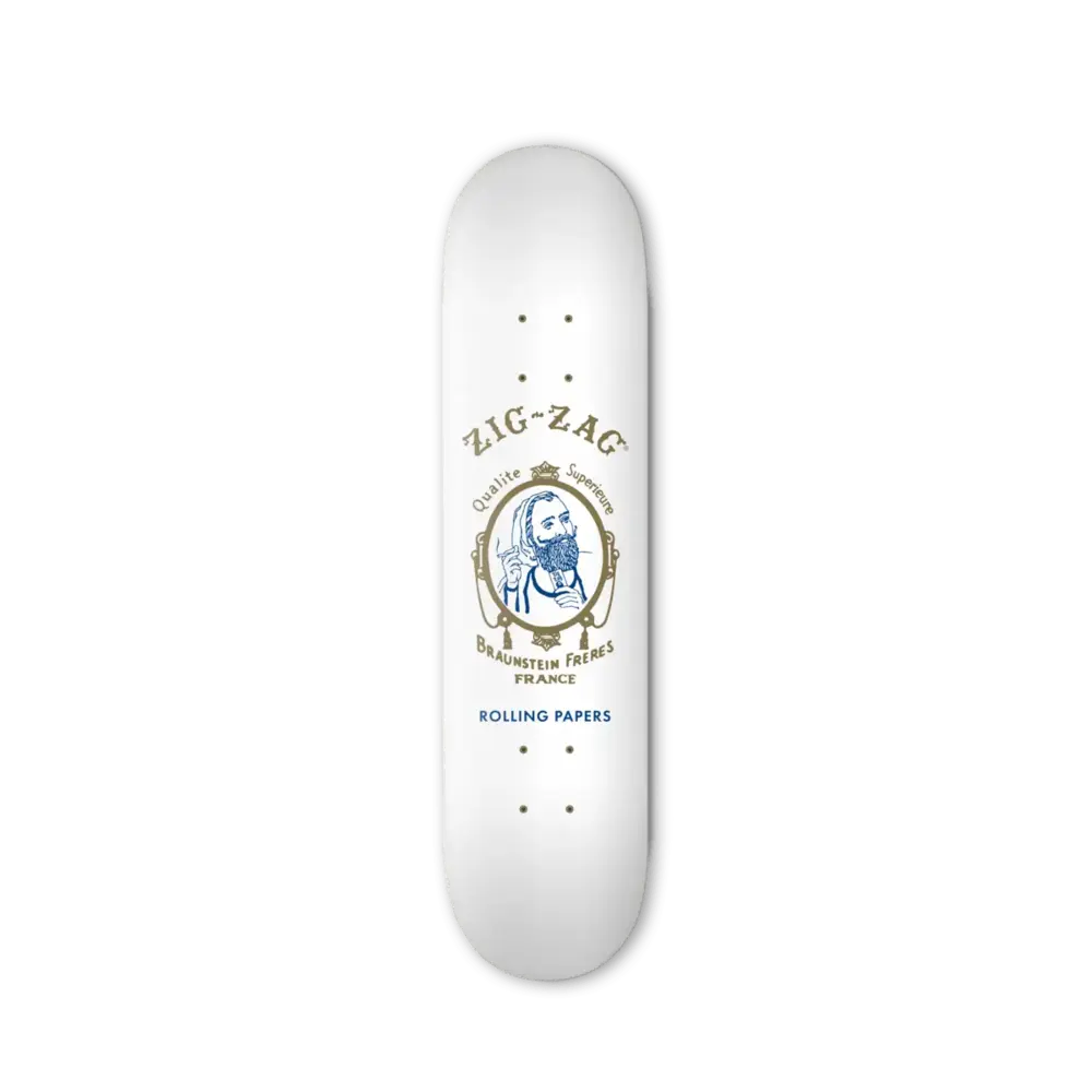 White Zig-Zag skateboard deck featuring a classic logo design with "Qualité Supérieure" text & the iconic portrait