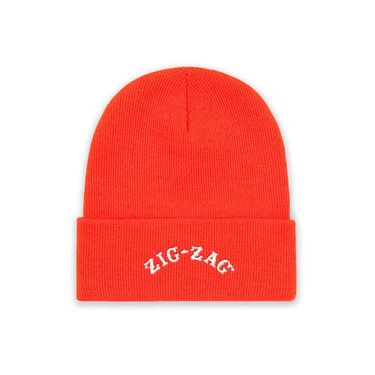 Neon orange beanie with the Zig-Zag logo embroidered in white on the front fold