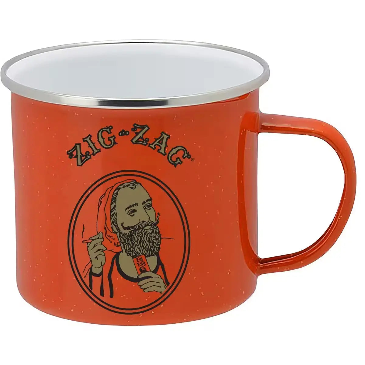 Orange enamel mug featuring a Zig-Zag logo with an illustration of a bearded man holding a cigarette