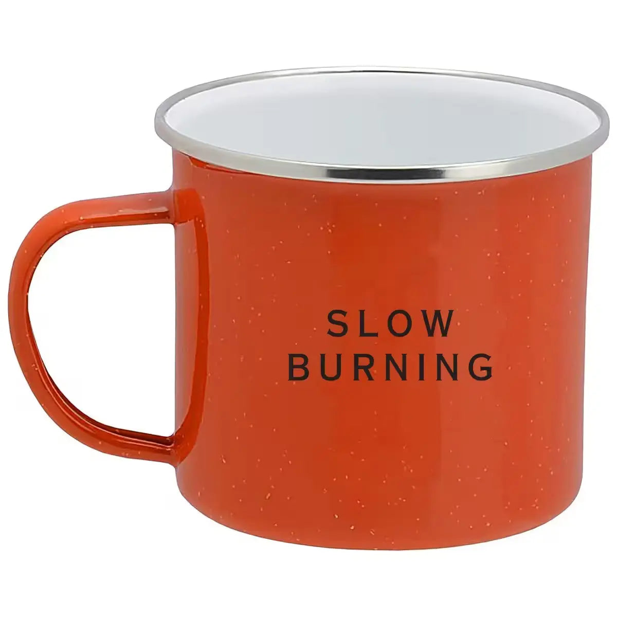 Orange enamel mug with the words "SLOW BURNING" printed in bold black font