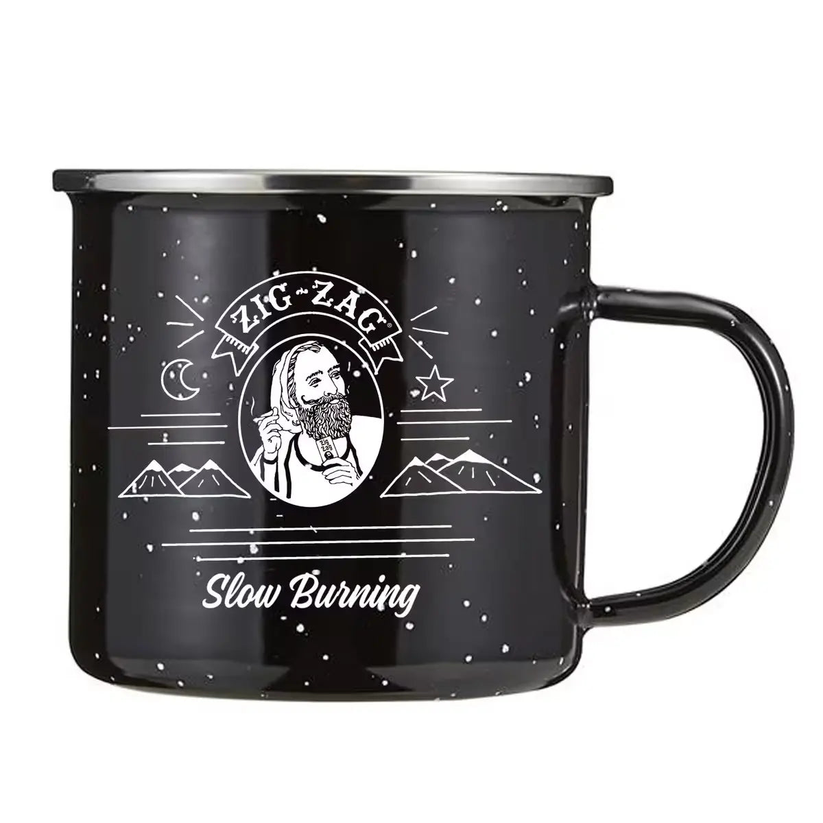 Black speckled mug with white Zig-Zag branding, featuring an illustration of a bearded man & the phrase "Slow Burning."