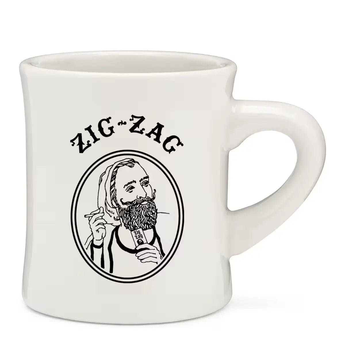 White ceramic mug featuring the Zig-Zag logo with a detailed portrait illustration of a bearded man in black