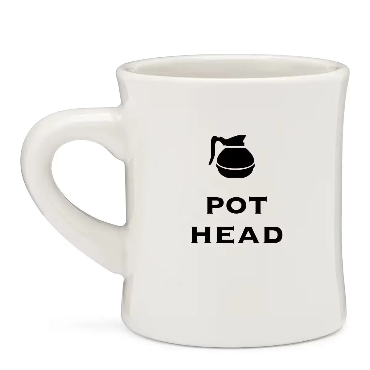 White coffee mug with "Pot Head" text and an illustration of a coffee pot