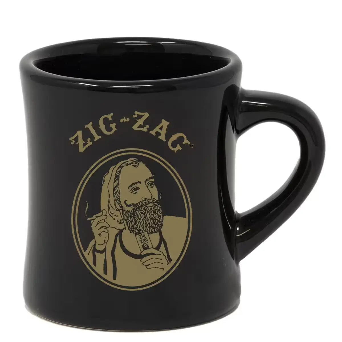 Black ceramic mug featuring the Zig-Zag logo with an illustration of a bearded man holding a rolling paper