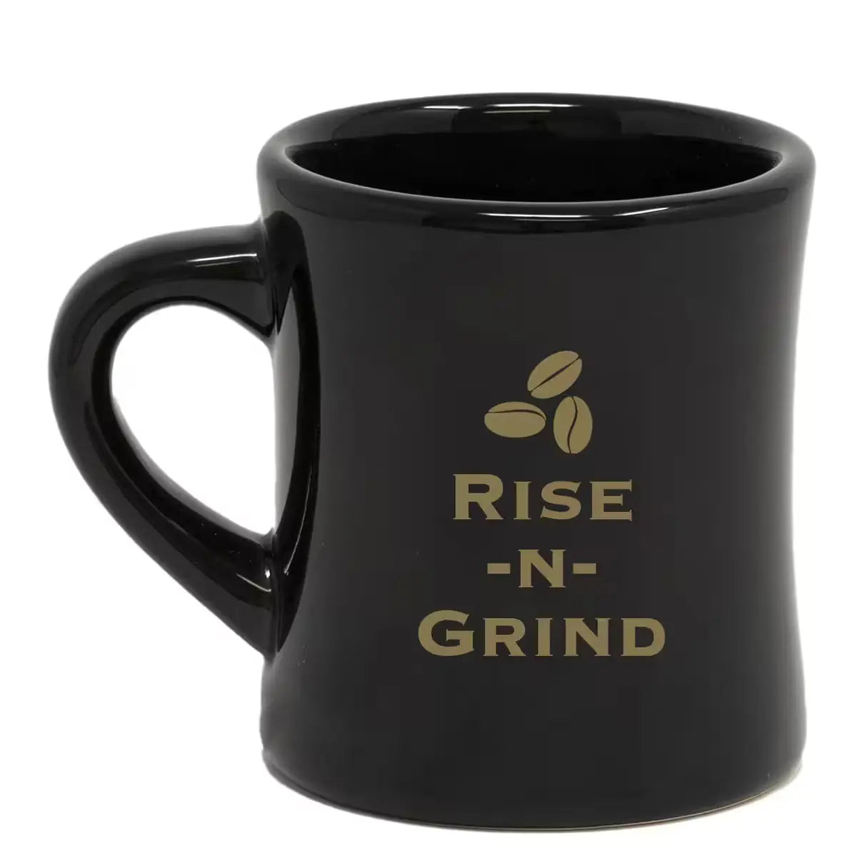 Black ceramic mug with "Rise N Grind" & a coffee bean graphic printed in gold lettering