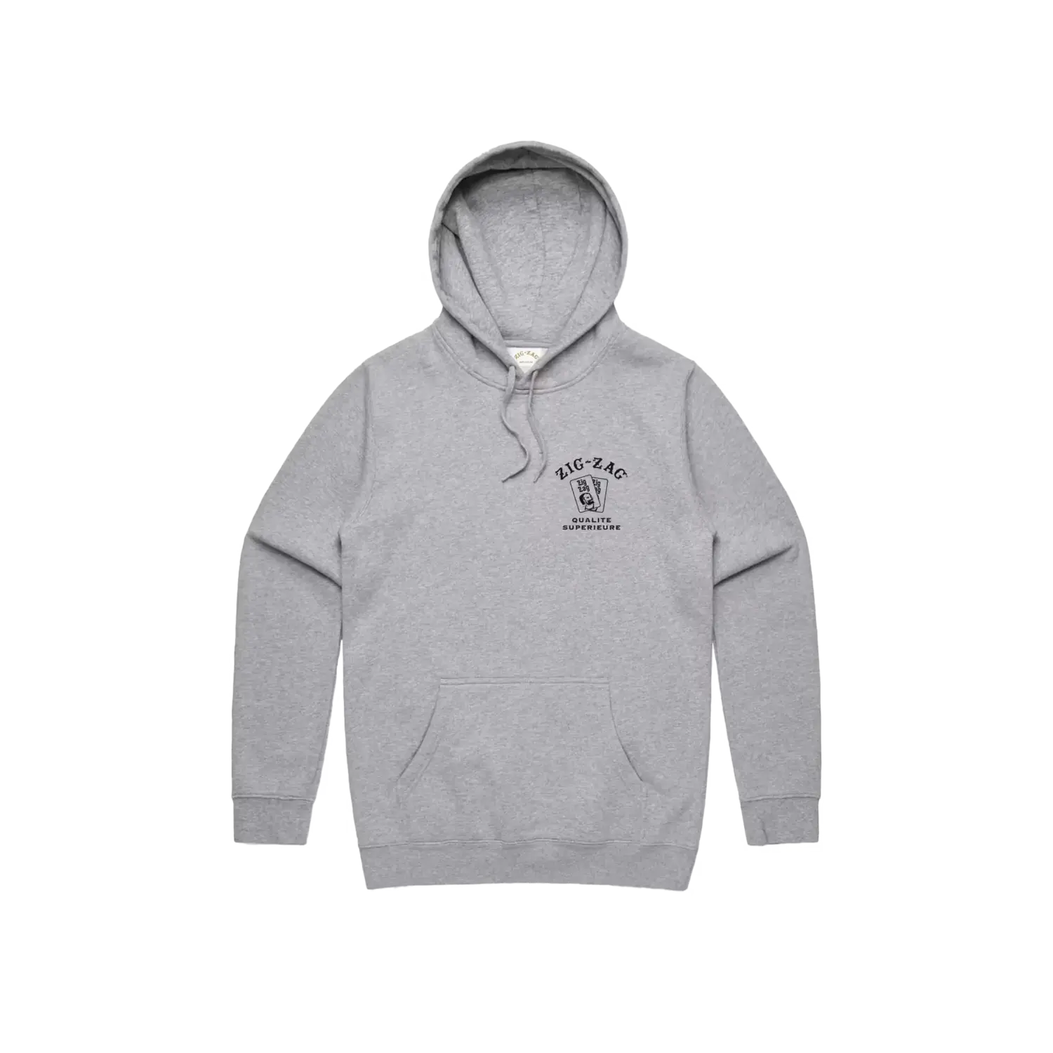 Zig zag hoodie in heather gray with black Zig-Zag logo and "Qualité Supérieure" text on the front.