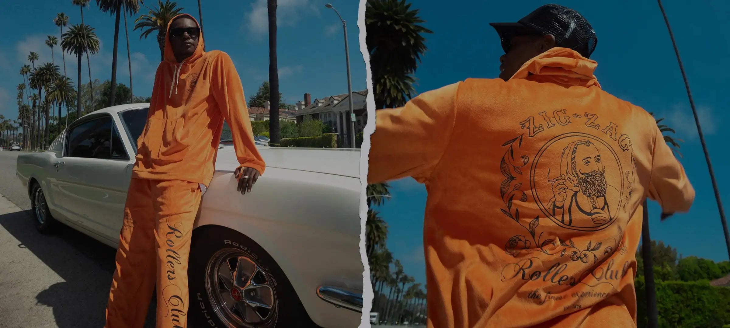 Person in orange Zig-Zag "Rollers Club" outfit leaning against a vintage car with palm trees in the background.