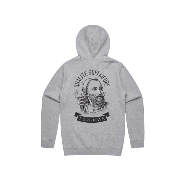 Gray zig zag hoodie with large vintage Zig-Zag smoking man graphic and “Qualité Supérieure” text on the back.
