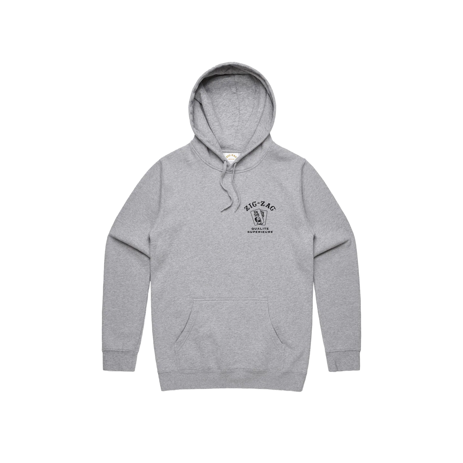 Zig zag hoodie in heather gray with black Zig-Zag logo and "Qualité Supérieure" text on the front.